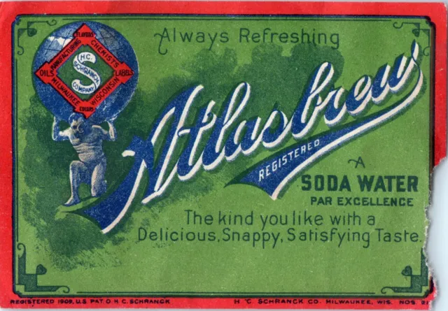 Atlas Brew Soda Water Extremely Rare 1909 Milwaukee Wisconsin Soda Label Orgnl