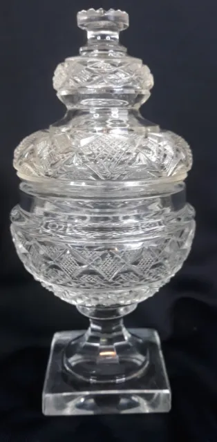 Antique Victorian Diamond Cut Crystal Anglo Irish Sweet Meats Jar/Lid Circa 1850