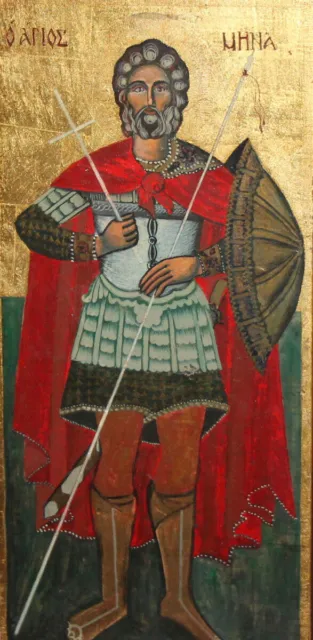 Hand Painted Tempera on Wood Orthodox Icon Saint Menas