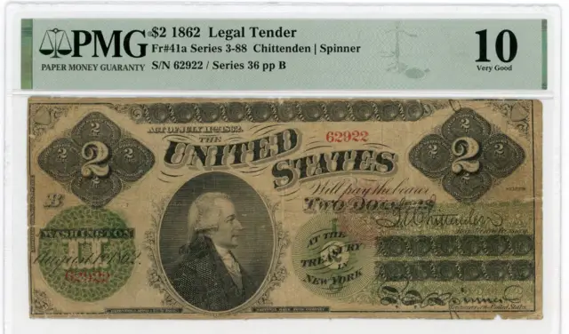 NobleSpirit No Reserve US Fr 41a 1862 $2 Small Red Type 2 Legal Tender PMG 10