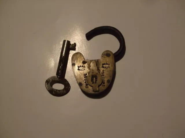 ANTIQUE SMALL BRASS PADLOCK with working key, marked hand made
