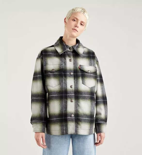 Levi’s Wool Mix Green Check fleece Shacket Trucker Jacket Womens Size Large NEW
