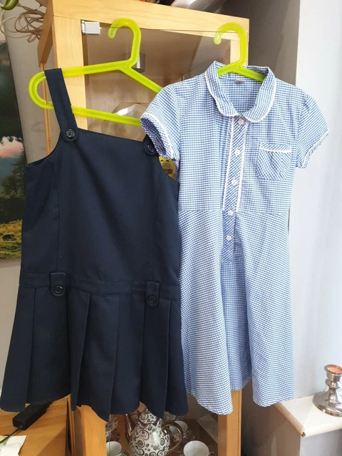 2x TU Girls Light Blue and White  School Dress Age 7-8