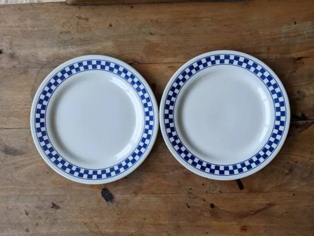 2 assiettes à dessert blanches vintage céramique OXFORD BRAZIL damier bleu