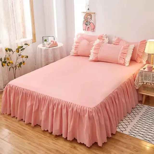 3pcs Solid Color Ruffle Bedspread Skin-friendly Bed Skirt with 2pcs Pillowcases