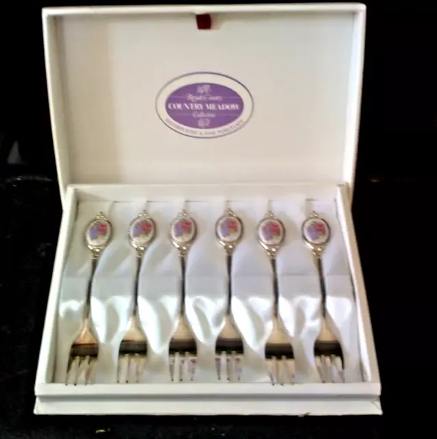 Boxed Set 6 Pastry Forks Royale County Country Meadow Silver Plated Porcelain