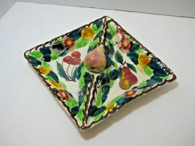 Vtge Hand Painted Made in Italy 2 Part Divided Serving Dish Pears Raised Design