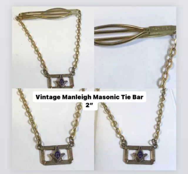 Vintage Manleigh Masonic Tie Bar Chain 2” Gold Tone