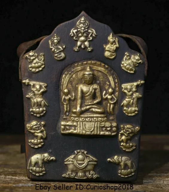 6.6" Old Tibet Buddhism Wood Copper Shakyamuni Amitabha Buddha Thangka Wall Hang