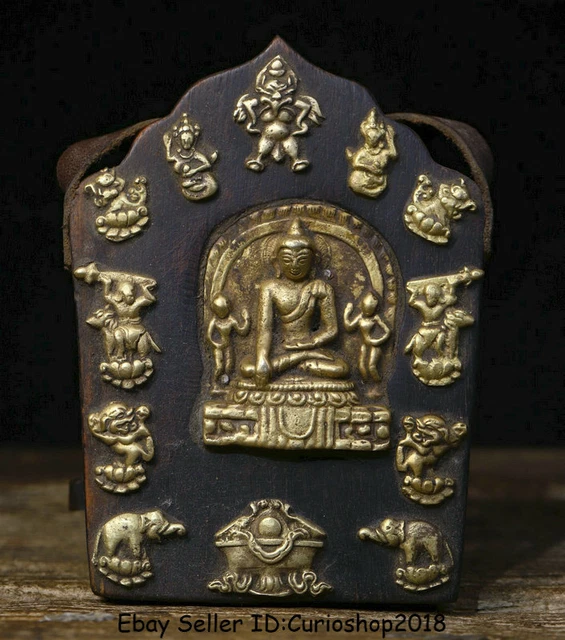 6.6" Old Tibet Buddhism Wood Copper Shakyamuni Amitabha Buddha Thangka Wall Hang