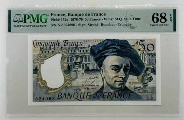 France 50 Francs 1976 Pick# 152a “TOP POP” PMG: 68 EPQ GEM UNC. #PL2397