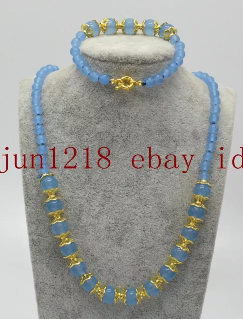 New 6-10mm Blue Chalcedony Round Gemstone Beads Necklace Bracelet Set 18'' AAA