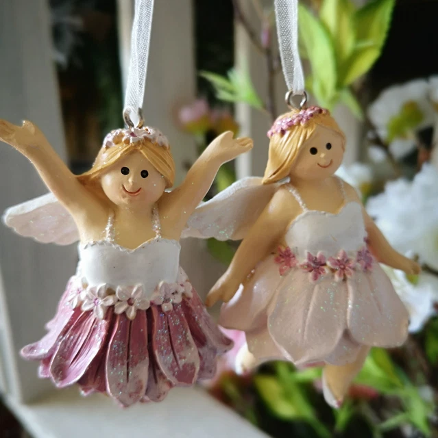 2 x Fee Engel Elfe Weiß Figuren Glitzer Christbaumkugel Rosa Gold Glimmer Figur