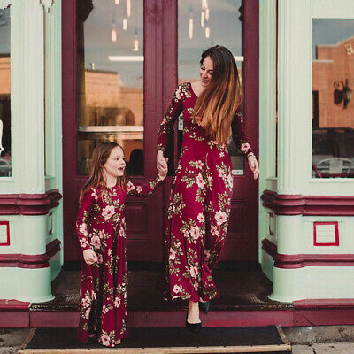 Mother Daughter Dresses Wine Floral Party Long Dress  Matching Mom Girl Dresses