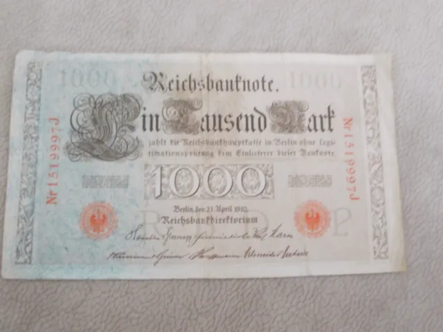 Reichsbanknote Ein Tausend Mark Nr.1519997 J von 1910 Rarietät
