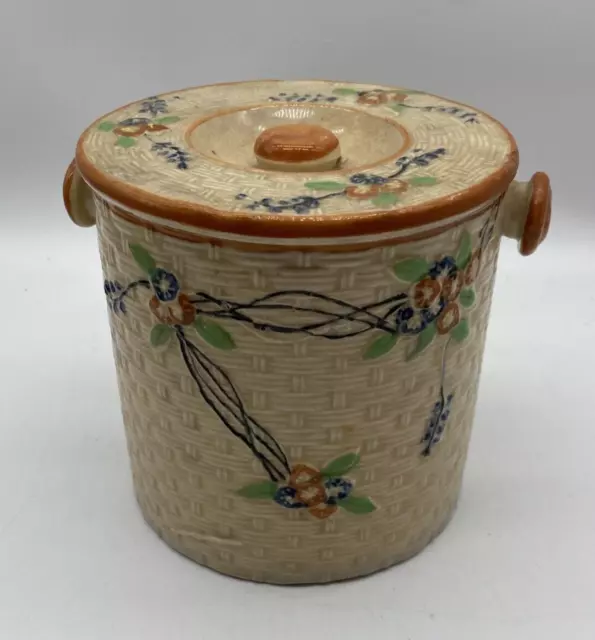 Vintage Biscuit Jar Lid Basket-weave Majolica Berry Floral Hand-painted Japan 5”