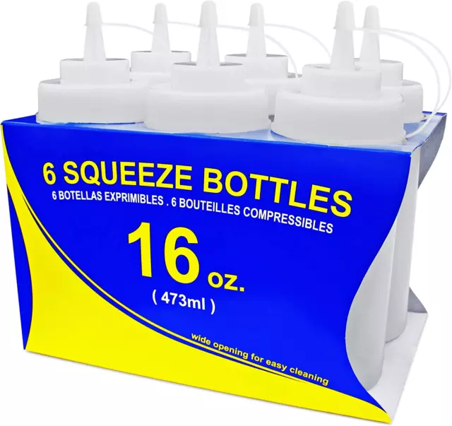 26177 Squeeze Bottles, Plastic, Wide Mouth with Caps, 16 oz, Clear, Pack of 6