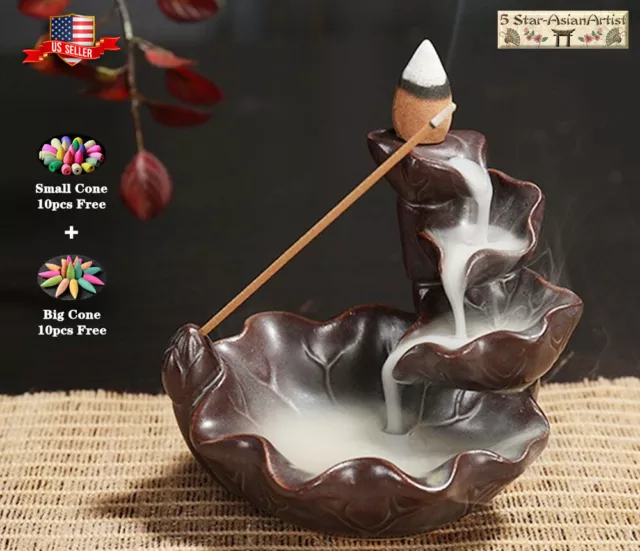 Ceramic Backflow Incense Burner Holder Lotus Waterfall & Incense Cones Gift 2