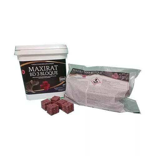 MAXIRAT BD-3 BLOQUE, Cebo en Bloques, Bromadiolona, Cubo 3 kg (3 x 1 kg x 25 gr)