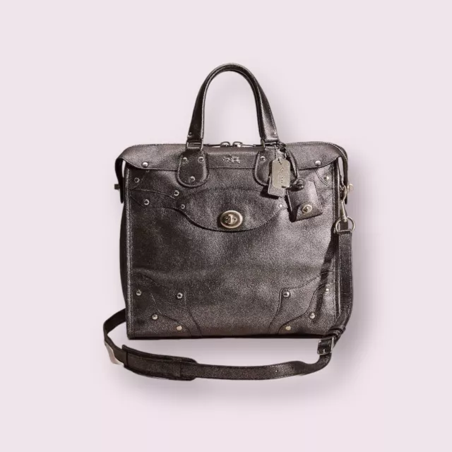 COACH Metallic Pebble Leather Mini Rhyder 33 QB/Gunmetal Satchel 36105 $425