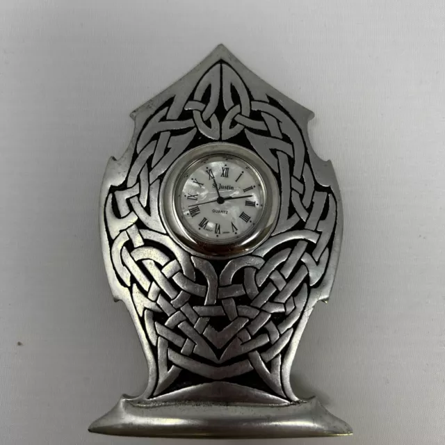 Celtic Knot St. JUSTIN Pewter Mother of Pearl Face Desk Irish 4” Needs Battery