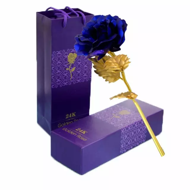 24K Blue Rose Flower Gold Dipped Rose 24K Forever Rose with Gift Box and Bag ...