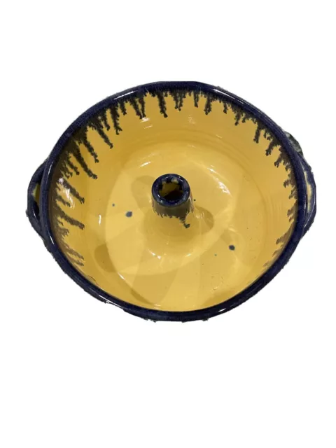 Holly Hill Pottery Seagrove NC Bundt Cake Mold Yellow & Blue Drip Glaze Vintage