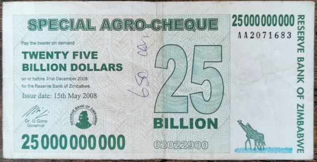 Billet 25.000.000.000 Dollars ZIMBABWE Mai 2008 - 25 milliards billion AA2071683