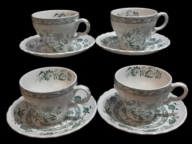 VTG Old Vienna Ironstone Wood & Sons Green Onion~4 Sets Cups & Saucers