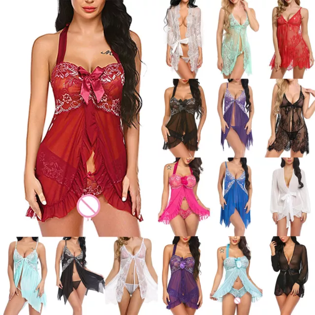 Womens Sexy Lace Lingerie Nightdress Nightgown See Through Sleepwear Babydoll AU 2