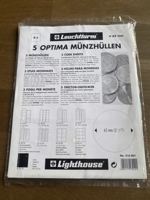 Leuchtturm Optima 5 Münzhüllen je 6 Fächer für Münzen bis 65mm Ø / No.316001