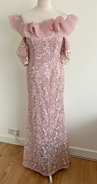 Abito lungo Ronald Joyce Veni Infantino rosa pizzo UK8 gare da ballo