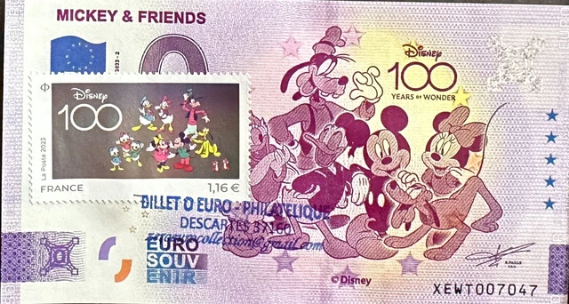Billet 0 Euro Philathelique  Mickey & Friends 100 Ans  Disney 2023 Numero Divers