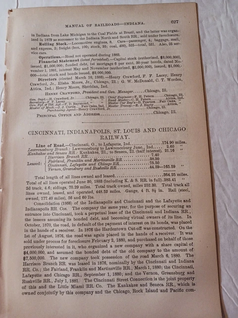 ☆1884 train report CINCINNATI INDIANAPOLIS ST LOUIS & CHICAGO RAILWAY railroad