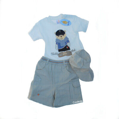 Baby Boys 3PC Embroidered Short Set,Tee Shirt, Canvas Shorts, & Hat 6 -23 Months