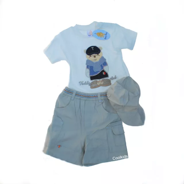 Ensemble court brodé bébé garçons 3 pièces, tee-shirt, short en toile et chapeau 6 à 23 mois