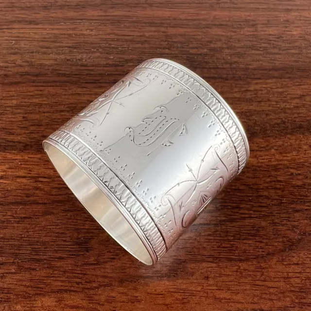 American Aesthetic Sterling Silver Napkin Ring Bright Cut Florals Darts Vases