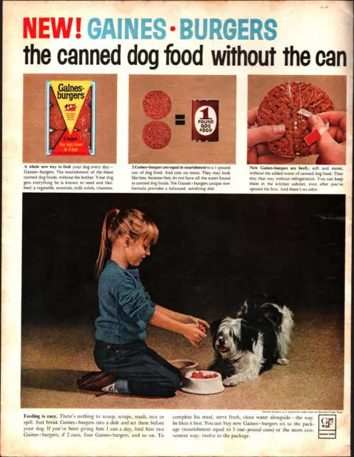 1963 Gaines Burgers Dog Food Vintage Print Ad Canned Without The Can nostalgic