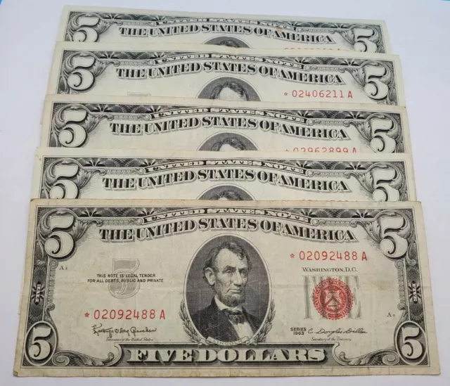 1953/63 Five Dollar RED Seal STAR Note Old US Bill $5 Average Circ