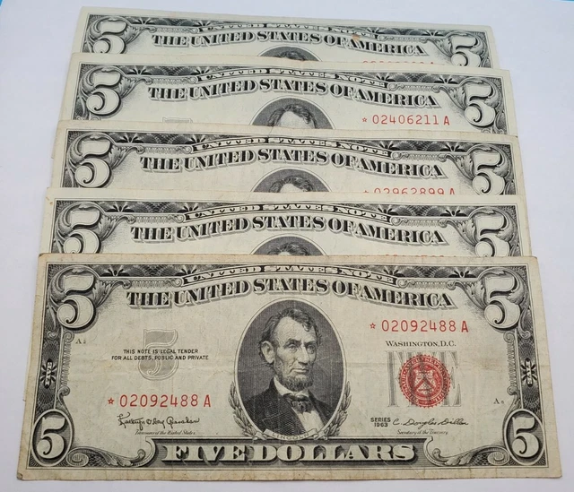 1953/63 Five Dollar RED Seal STAR Note Old US Bill $5 Average Circ