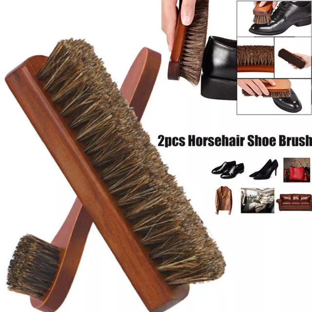 2X Horsehair Shoe Brush Wood Handle Leather Boots Daubers Applicators Cleaning