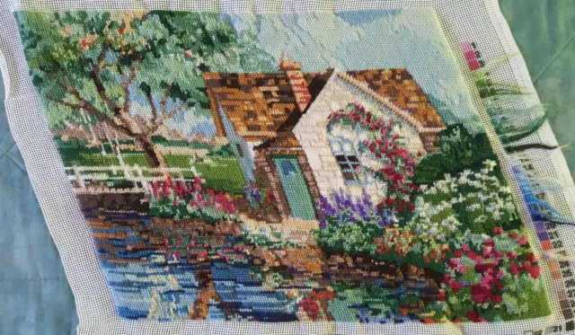 Finished Handmade Needlepoint Tapestry Fabric Cottage Garden Pillow Chair Frame