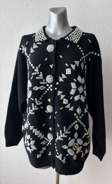 Vtg Angora Lambswool Cardigan Sweater Beaded Embellished Black Pearl Buttons L 3