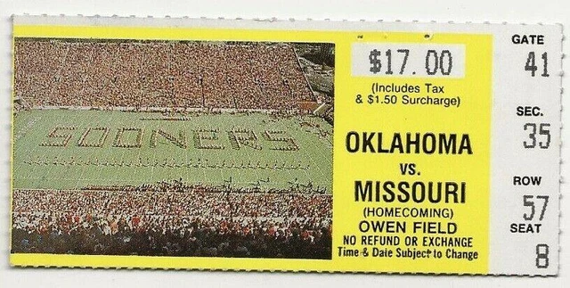 ~1987 MISSOURI TIGERS(13)  at  #1 OKLAHOMA SOONERS (17) Ticket Stub EXCELLENT++~