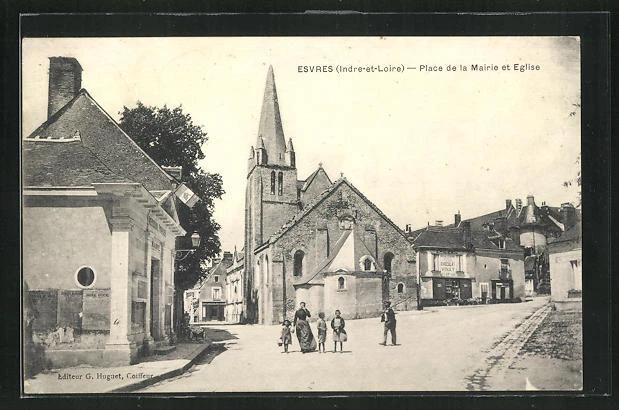 CPA Esvres, Place de la Mairie et Eglise 1906