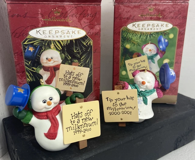 vtg Hallmark Ornament Millennium Snowma'am Snowman lot 2000 Mr Mrs Hats off Tip