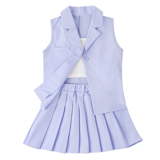 Ragazza Abito Gilet Cappotto Camicia Gonna a Pieghe Set 3PCS Lapel Elastico Vita