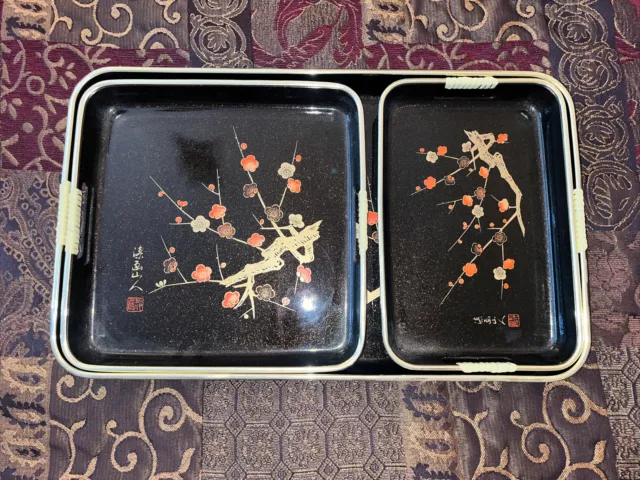 Vintage Japanese Black Laquer Ware Nesting Tray Floral Cherry Blossoms Gold Red