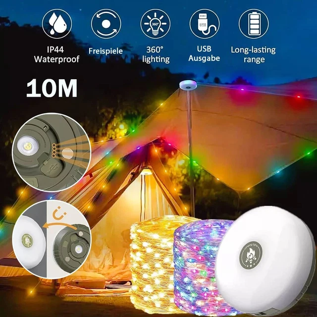 Camping Lichterkette 10m 10m Camping-Lichterkette USB – Aufrollbar, Magnetisch, Tragbar, Mit Fernbedienung & RGB-Farben!