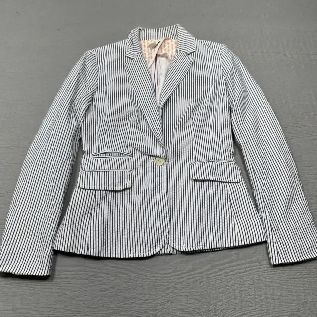 J Crew Blazer Womens 2 White Blue Seersucker Single Breast Cotton Business Casua